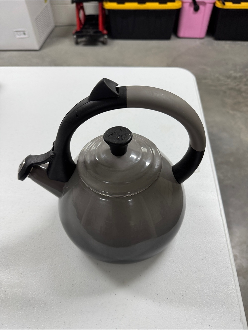 Le Creuset Gray Enamel Whistling Tea Kettle with Black Handle